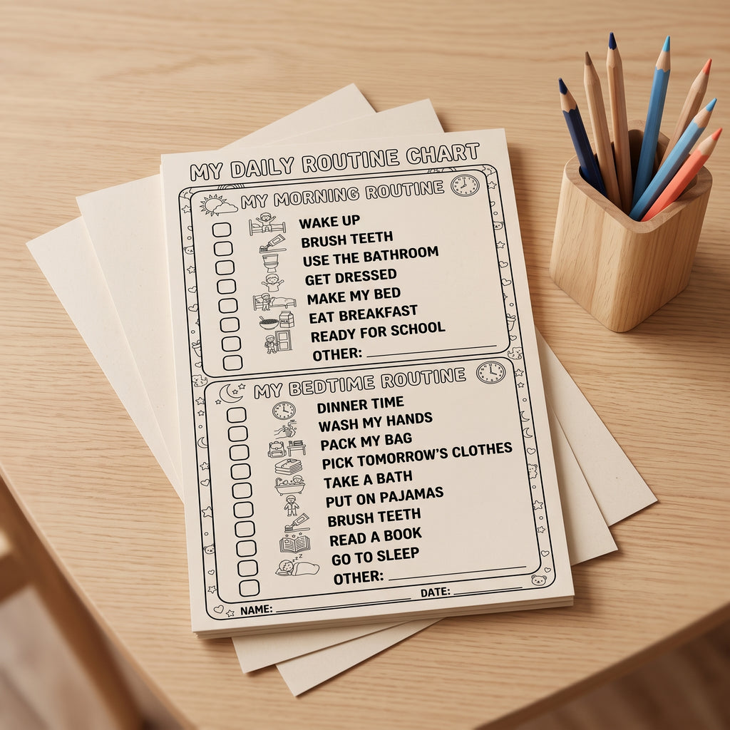 A printable daily routine chart sheet displayed on a wooden desk next to a pencil cup. The sheet features black text and illustrations for 'My Morning Routine' and 'My Bedtime Routine' with checkboxes.