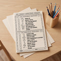 A printable daily routine chart sheet displayed on a wooden desk next to a pencil cup. The sheet features black text and illustrations for 'My Morning Routine' and 'My Bedtime Routine' with checkboxes.