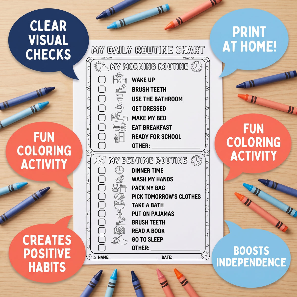 A printable daily routine chart shown on a light wood background with crayons around it and colorful promotional speech bubbles. The chart includes sections for morning and bedtime routines with checkboxes and small activity callouts.