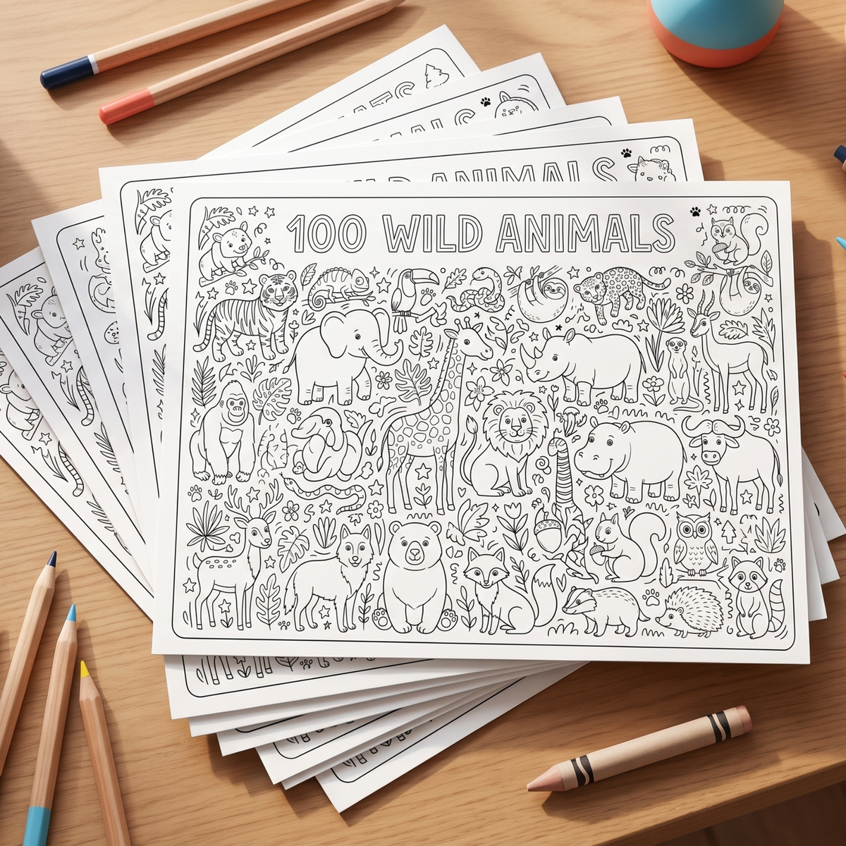 100 Wild Animals Giant Printable Colouring Poster (Digital Download)